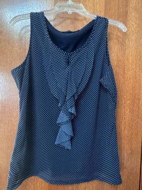 The Limited Sleeveless Polka Dot Ruffle Front Top - Navy Size Large